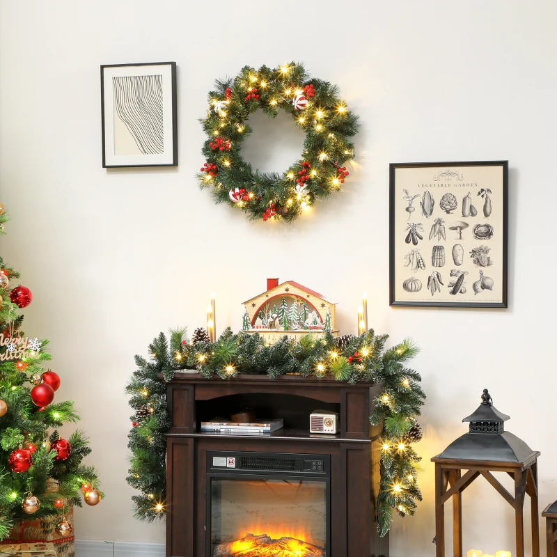 HOMCOM Couronne de Noël lumineuse 60 cm avec 50 LED, minuterie, 146 pointes, pommes de pin, baies, boules décoratives, vert