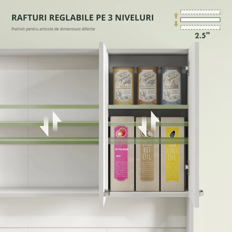 HOMCOM Dulap Bufet de Bucătărie, Tip Servantă cu Vitrină, Sertar și Rafturi Depozitare, din Lemn, 101x39x180 cm, Alb(m-7)