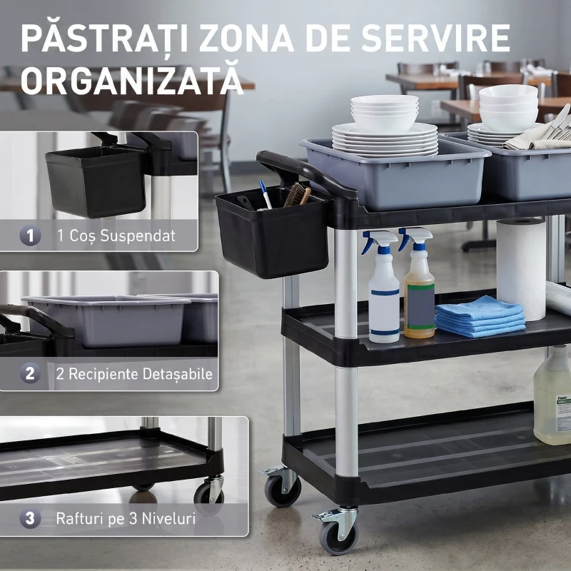 HOMCOM Carucior Profesional pentru Curățenie cu 3 Rafturi, 2 Recipiente Detașabile, Găleată Laterală și 4 Roți, Negru