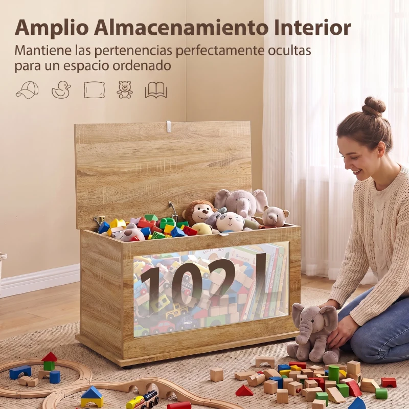 HOMCOM Baúl de Almacenaje 102L con Bisagra de Seguridad Estilo Moderno para Pasillo Dormitorio Salón 80x40x45 cm Roble