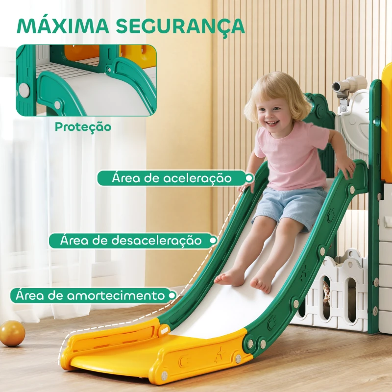 AIYAPLAY Escorrega Infantil 7 em 1 com Casinha para Crianças com Aro de Basquetebol Túnel Quadro Telescópio 189x180x111 cm Amarelo e Verde