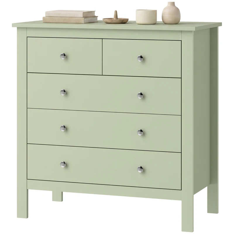 HOMCOM 5 Drawer Chest of Drawers, Modern Dresser for Bedroom, Bedside Storage Cabinet, Wide Storage Unit with Glide Runners for Living Room, Hallway, Closet, 79 x 39.5 x 80.5 cm, Sage Green