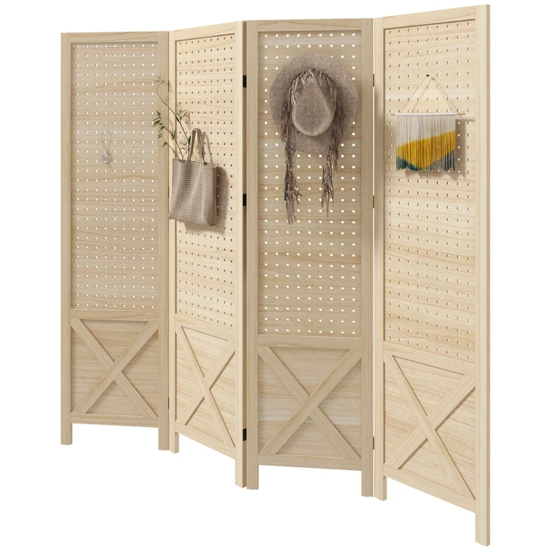 HOMCOM Biombo de 4 Painéis Separador de Ambientes Dobrável 152x1,7x144,5 cm Painéis com Orifícios para Pendurar Madeira