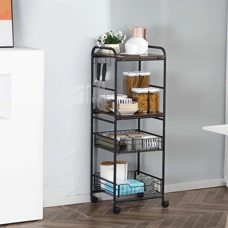 HOMCOM Carrello da Cucina con 2 Cesti estraibili in Metallo, 2 ripiani in Legno Truciolato e Ganci laterali, 40x38x111cm