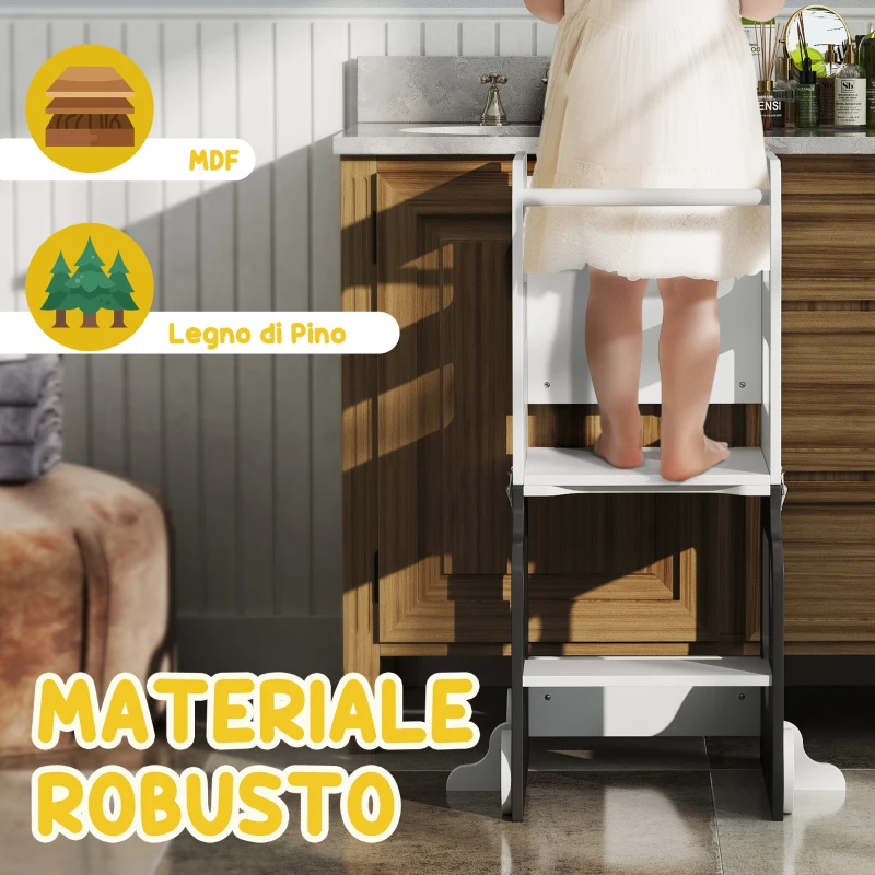 AIYAPLAY Scala Montessori 4 in 1 per Bambini con 2 Lavagne e Set Tavolo e Sedia, in Legno, 58x46x92 cm, Bianco