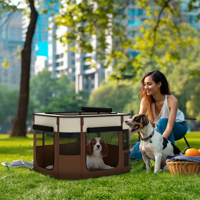 PawHut Box per Animali con 6 Finestre, 3 Porte e 2 Borse Portaoggetti, Poliestere e Acciaio, 74x60x45 cm, Marrone