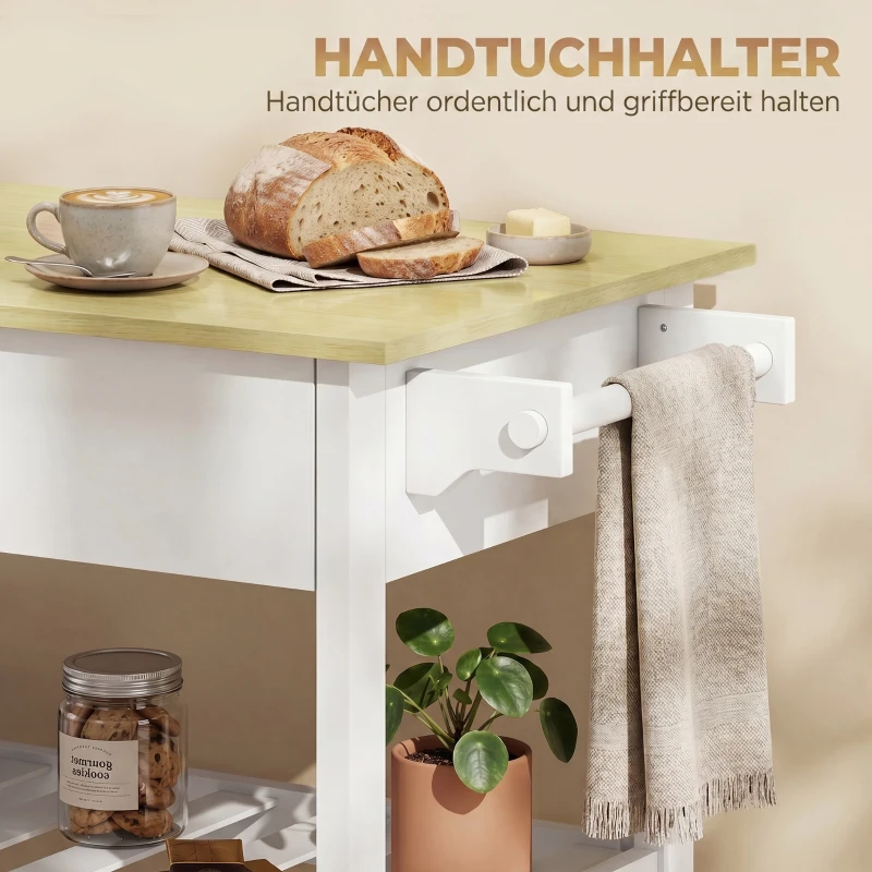 HOMCOM Küchenwagen mit Stauraum, Rollende Kücheninsel mit großer Arbeitsplatte, Schublade, 2 offenen Regalen, Handtuchhalter, Weiß