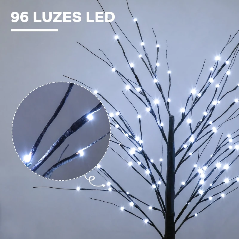 HOMCOM Árvore de Vidoeiro Artificial 150 cm com 96 LEDs Branco Frio, Neve Artificial, Base Metálica e Decoração de Natal Castanha