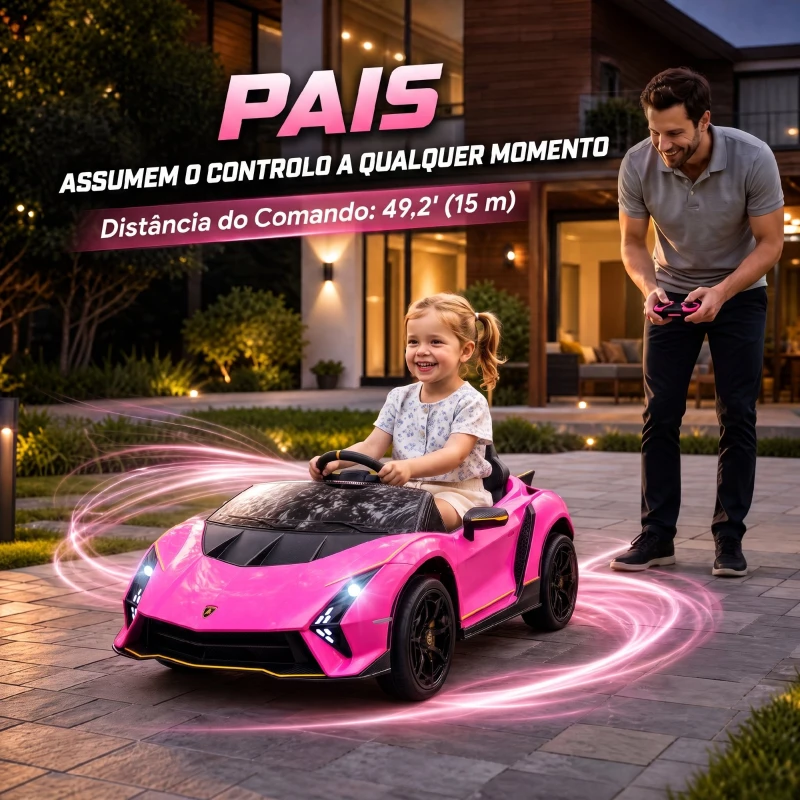 AIYAPLAY Carro Elétrico para Crianças Lamborghini 12V Controlo Remoto Faróis Buzina Arranque Lento e Música MP3 114,5x64x45,5 cm Rosa