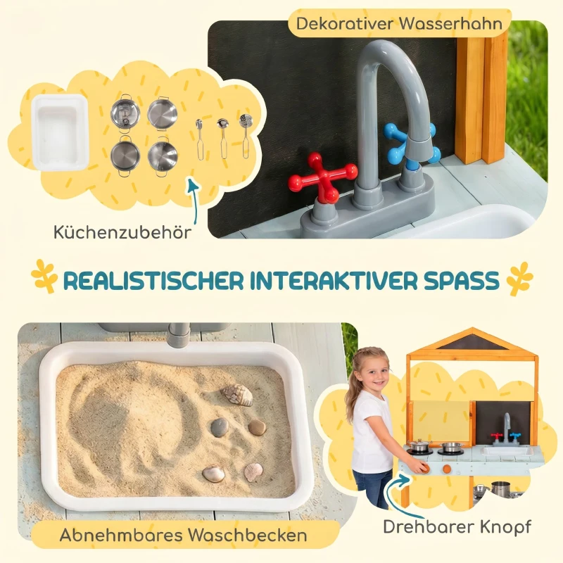 AIYAPLAY Matschküche Kinder Outdoor Spielküche Holz mit Herd Abnehmbarer Spüle Regalen für Kinder von 3-8 Jahren, Hellblau