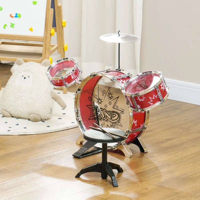 AIYAPLAY Batteria per Bambini 3-6 Anni a 7 Pezzi con Sgabello e Bacchette, in Plastica e Metallo, 72x29x56 cm, Rosso