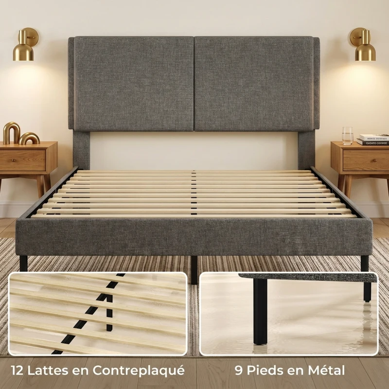 HOMCOM Cadre de Lit 140 x 190 cm avec Sommier et Tête Réglable, Lit Double Rembourré en Lin, Rangement au-dessous, Gris