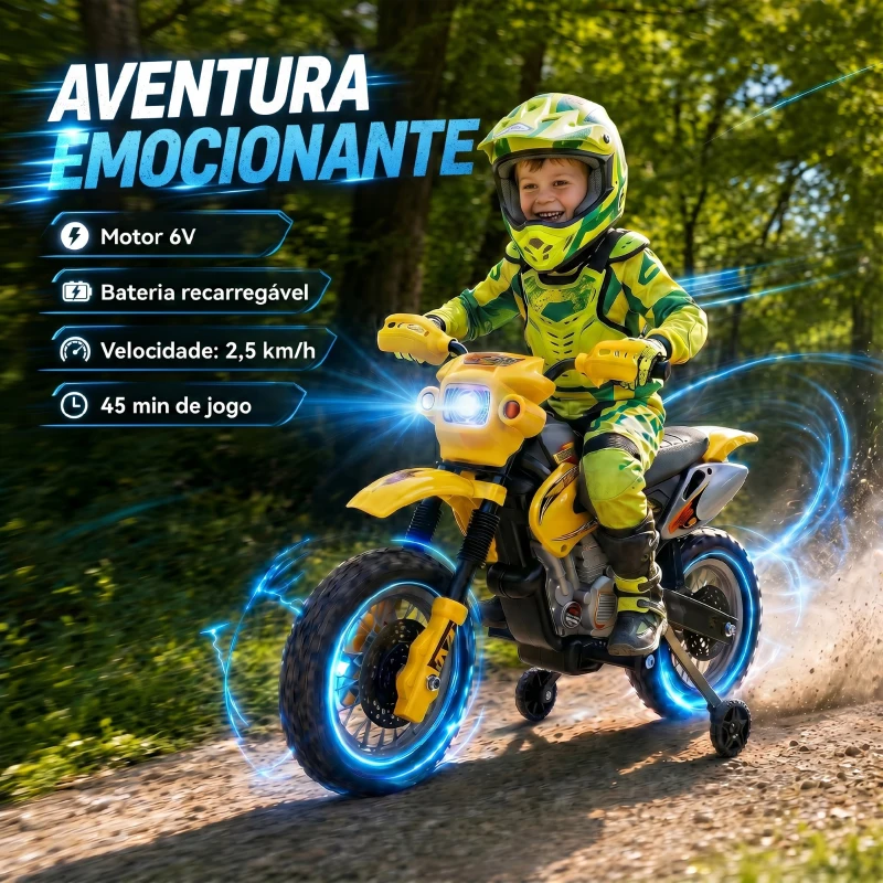 HOMCOM Mota Elétrica para Crianças 6V com Luzes e Música para Idades 3-6 Anos Amarelo