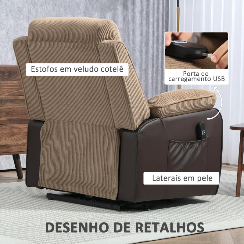 HOMCOM Poltrona Relax Reclinável Elétrica Levanta Pessoas com Comando, Porta USB e Bolsos Laterais Castanho