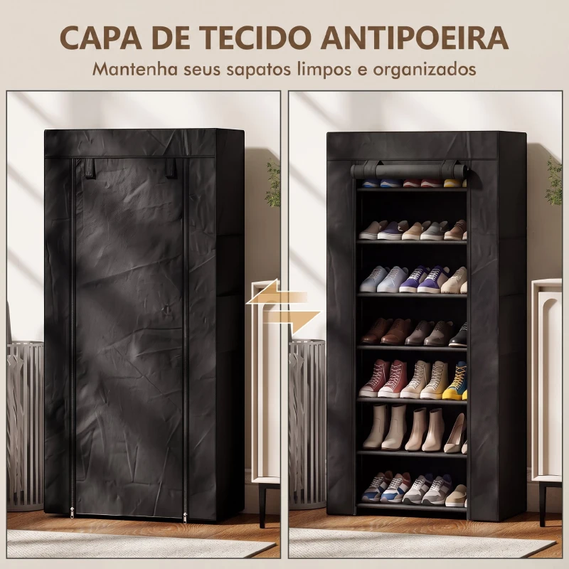HOMCOM Sapateira de 7 Níveis em Aço com Capa em Tecido Não Tecido, 2 Bolsos, para 14-21 Pares, Preto