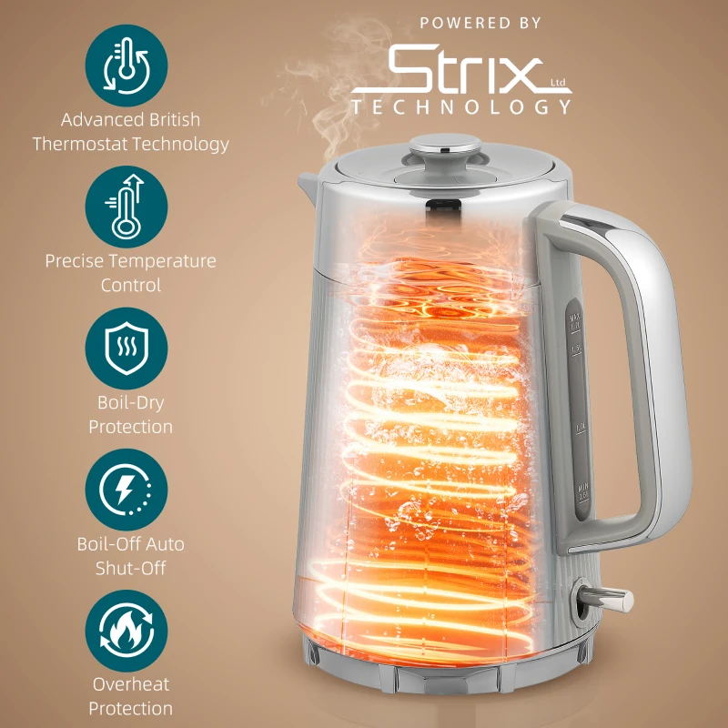 HOMCOM Electric Stainless Steel Kettle and Toaster Set, 3000W 1.7L UK Strix Thermostat Fast Boil Kettle w/ Limescale Filter, Cool Touch Body, 4 Slice Toaster with 7 Browning Levels, Taupe