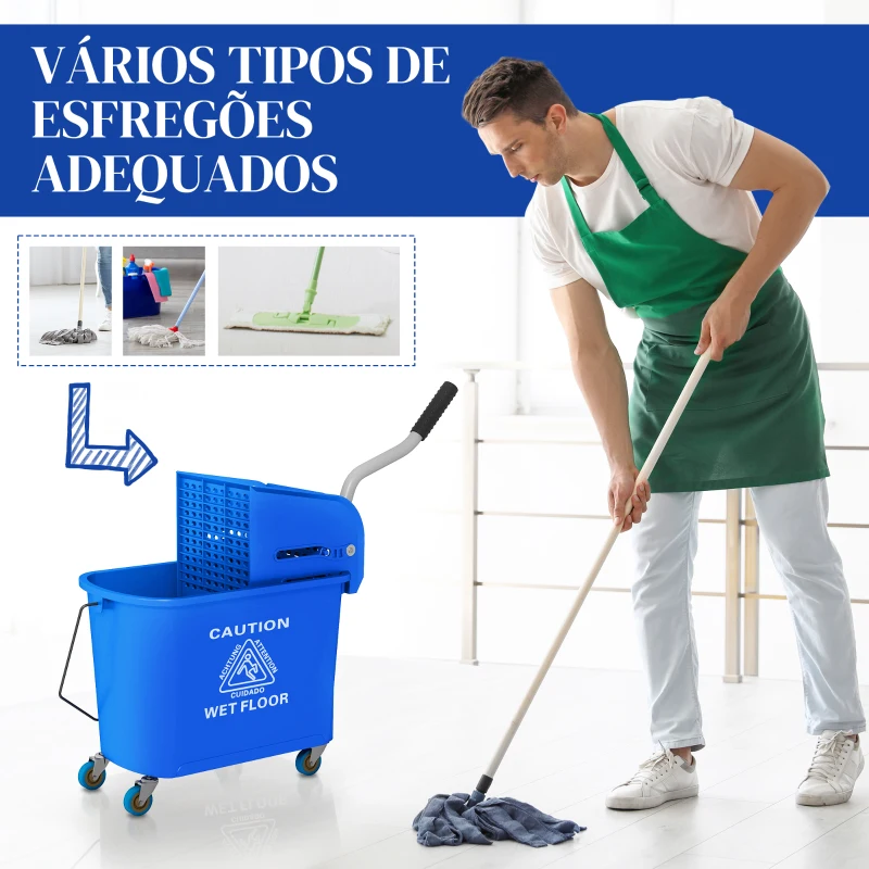 HOMCOM Balde de Esfregona com Rodas 20 L Balde com Escorredor e Asa de Transporte para Uso Doméstico e Comercial Azul