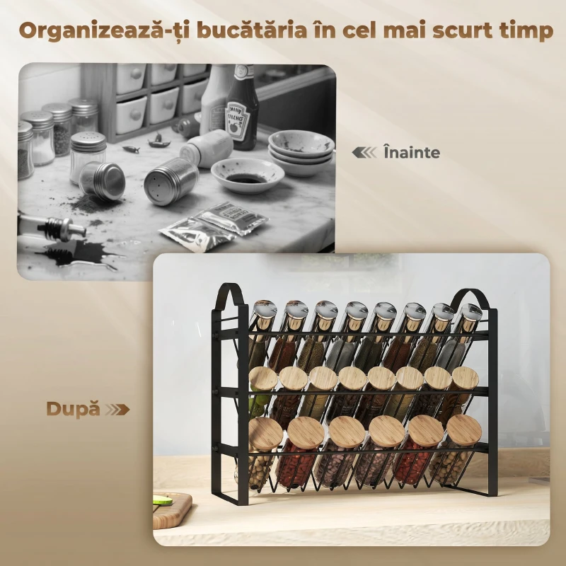 HOMCOM Suport pentru condimente de bucătărie cu 3 niveluri, organizator economisitor de spațiu cu rafturi înclinate din metal, negru