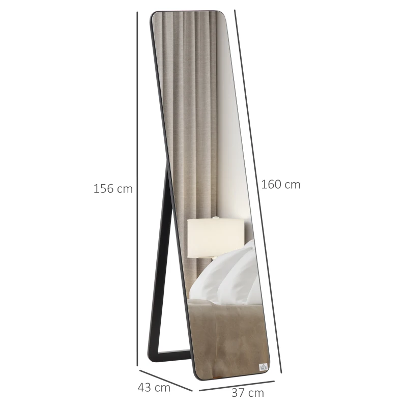 HOMCOM Specchio da Terra e da Parete con Struttura in Legno e Supporto Pieghevole, 37x43x156cm, Nero