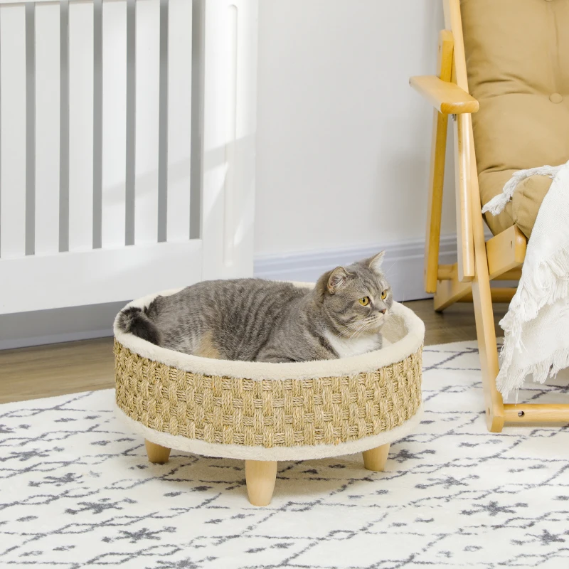 PawHut Panier rond chien sur pieds style cosy chic grand confort coussin moelleux intégré Ø 48 x 24,5H cm beige