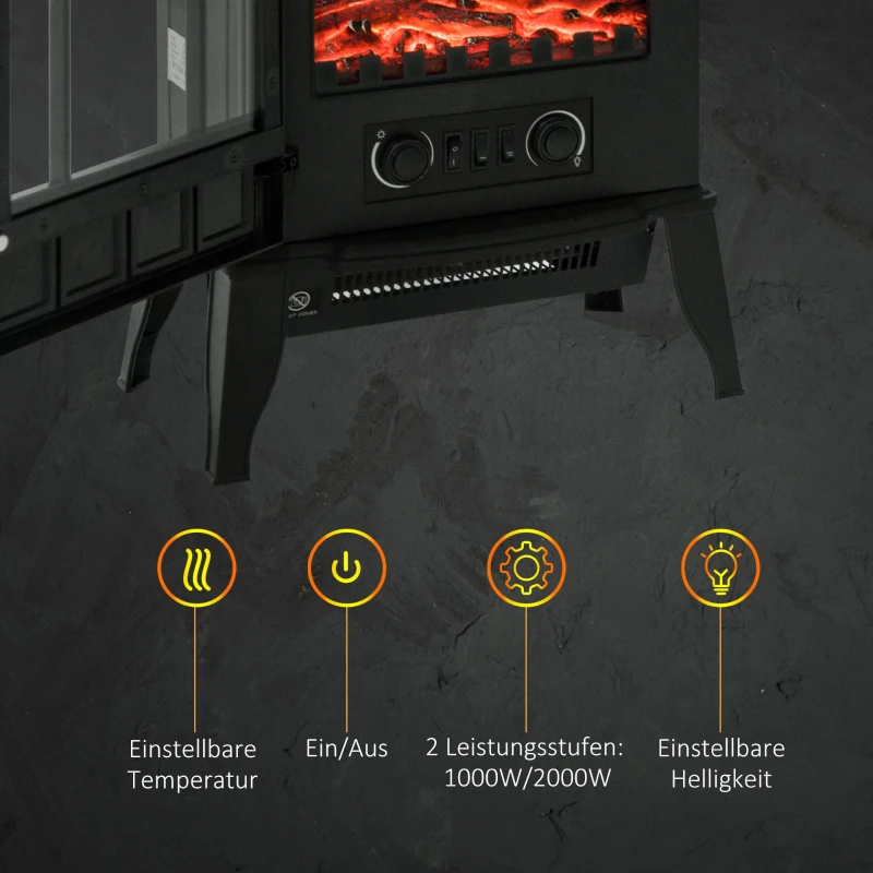 HOMCOM Elektrische haard, LED-vlammen, 1000/2000 W, regelbare temperatuur & helderheid, metaal, 39 x 23 x 56,5 cm(m-5)
