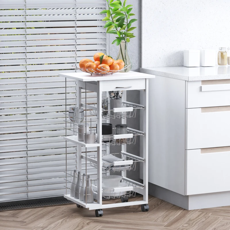 HOMCOM Desserte cuisine à roulettes avec tiroir, 4 paniers et étagères latérales, 47 x 37 x 83 cm, blanc