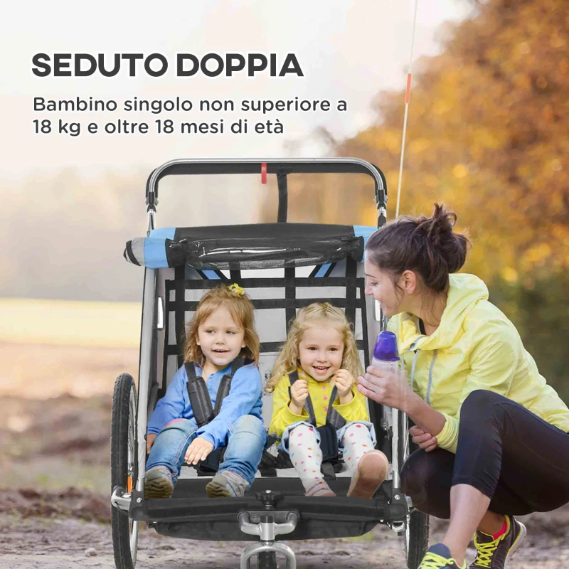 HOMCOM Rimorchio Bici per Bambini e Passeggino 2 in 1 con Cintura,  Tasche e Bandierina, Blu