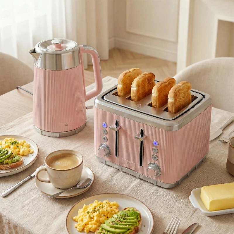 HOMCOM Electric Stainless Steel Kettle and Toaster Set, 3000W 1.7L UK Strix Thermostat Fast Boil Kettle Pink