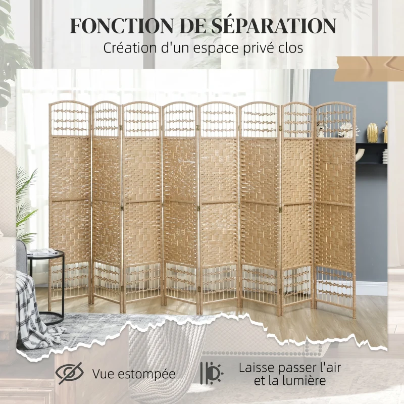 HOMCOM Paravent intérieur en bois séparateur de pièce cloison pliable 8 panneaux 320 x 170 cm bois naturel