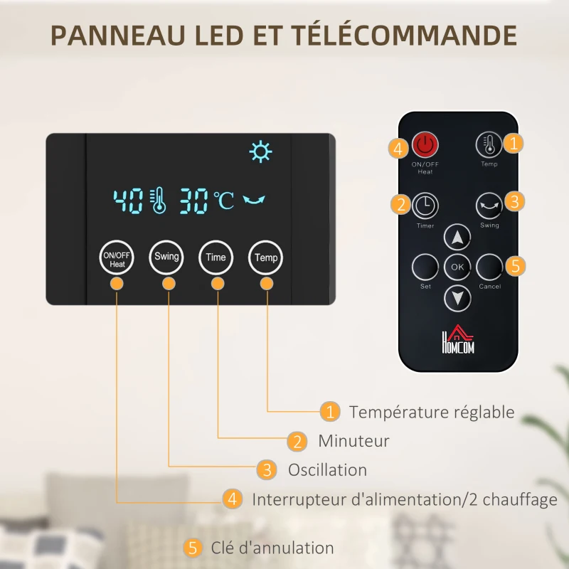 HOMCOM Radiateur soufflant mural chauffage céramique PTC - 1000 W / 2000 W oscillation minuterie avec télécommande noir