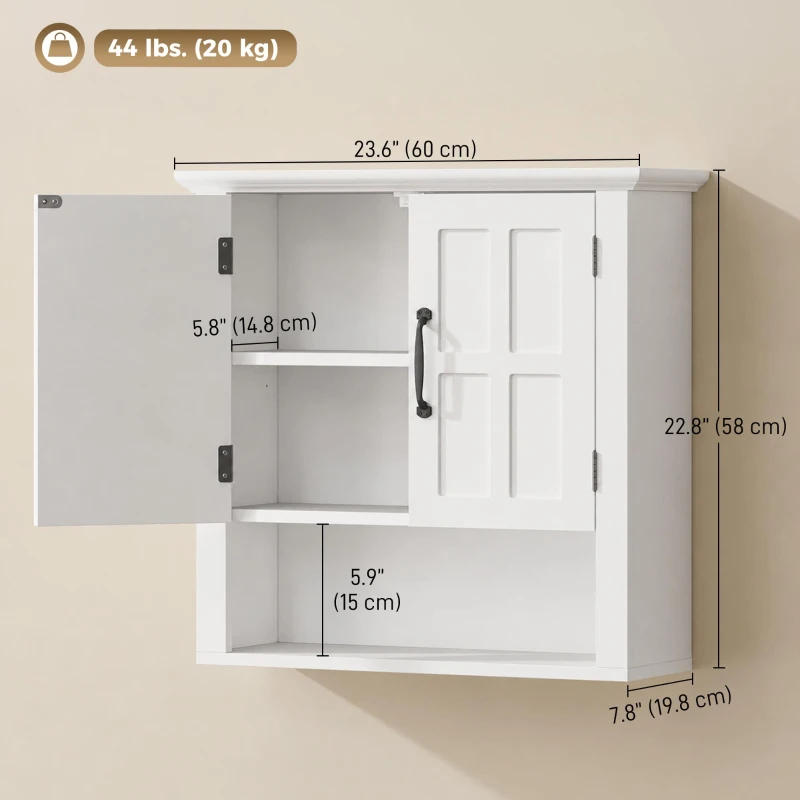 HOMCOM Dulapior 2 Rafturi de Montat pe Perete de Perete Bucatarie Baie Lemn 60x19,8x58cm Alb