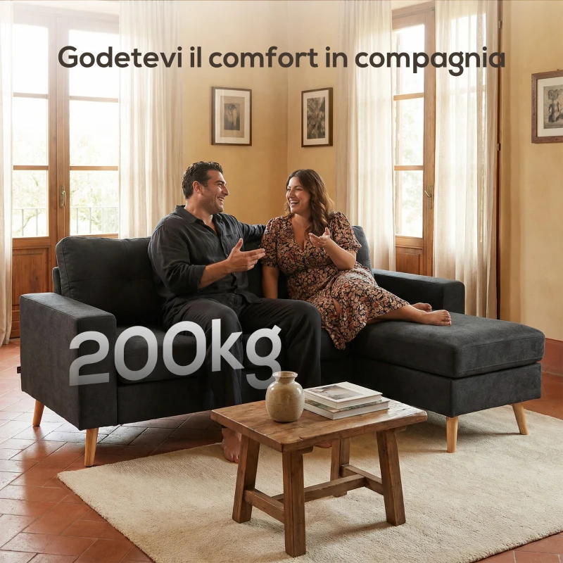 HOMCOM Divano 3 Posti ad Angolo con Penisola Reversibile e Cuscini, in Tessuto Effetto Lino, 193x136x85 cm, Nero