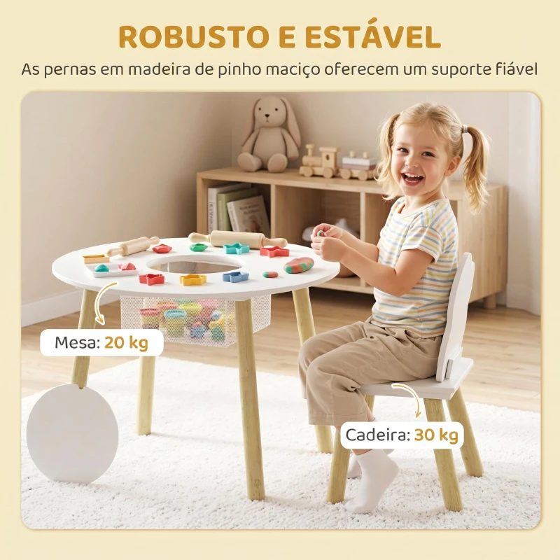 AIYAPLAY Mesa Infantil com 2 Cadeiras e Saco de Rede Tema Nuvem para Crianças dos 3 aos 6 Anos Creche Sala de Aula Branco