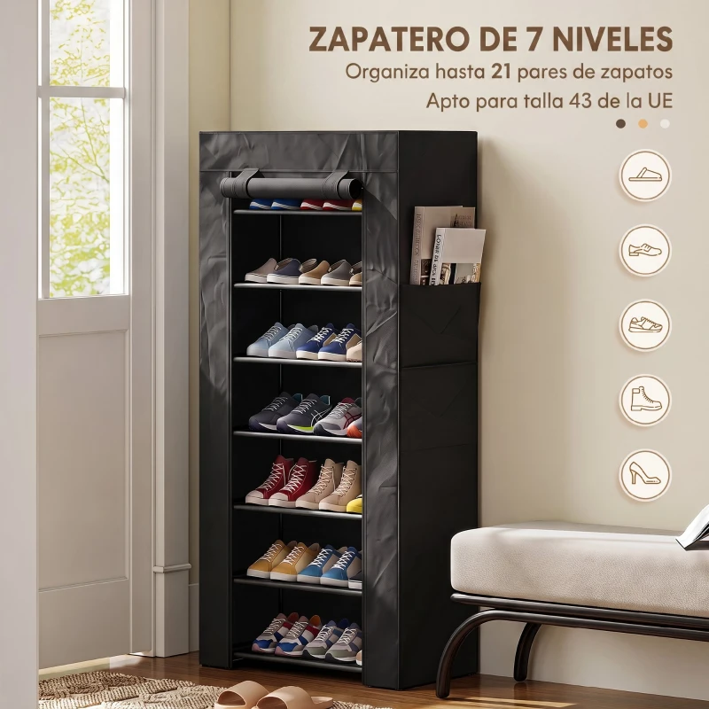 HOMCOM Zapatero de 7 Niveles, Zapatero Estrecho de Acero con Funda de Tela no Tejida 2 Bolsillos para 14-21 Pares Negro