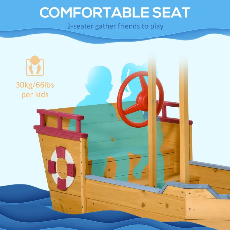 Outsunny Sand Pit, Kids Wooden Sandbox Pirate Ship, Sandboat Play Station with Canopy Shade, Storage Bench and Bottom Liner for Outdoor Garden
