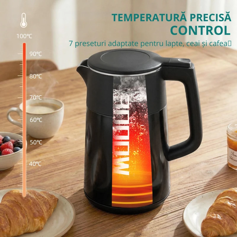 HOMCOM Fierbător electric, 1,7L, Încălzire rapidă, 3000W, cu afișaj LED, funcție de menținere la cald, protecție la funcționare în gol, fără PTFE