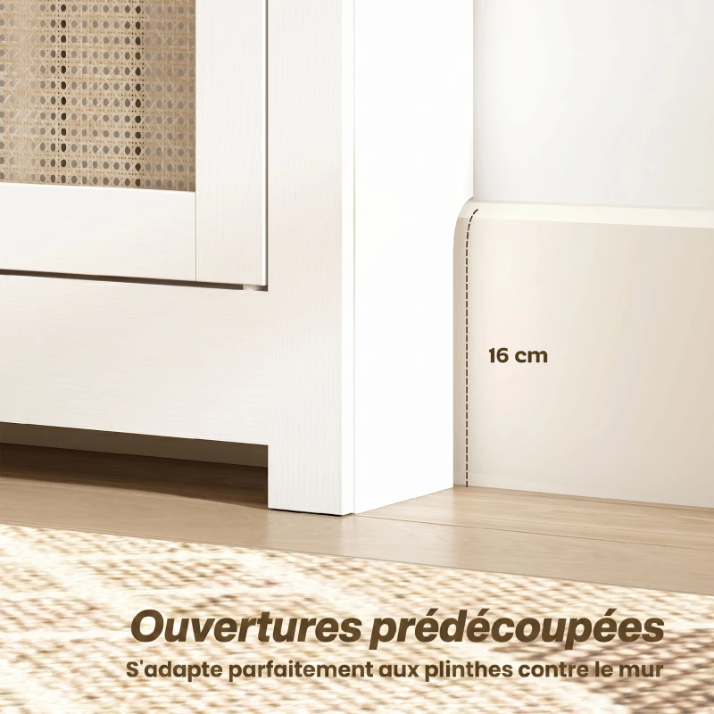 HOMCOM Cache-Radiateur avec Placard Rabattable et Porte en Rotin, Couvercle de Radiateur en Bois avec Compartiment, Blanc