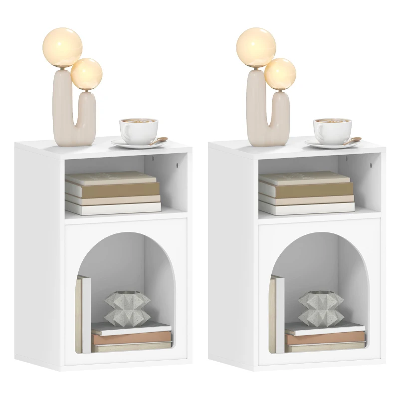 HOMCOM Lot de 2 tables de chevet, table de nuit avec compartiments ouverts, design arqué, 40 x 30 x 60 cm, blanc