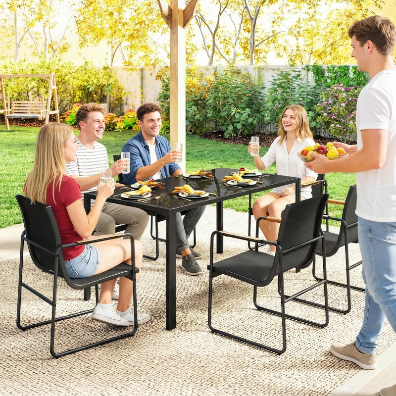 Outsunny Ensemble de Salle à Manger d'Extérieur 7 Pièces pour 6 Personnes, Table en Verre et Chaises avec Accoudoirs Décoratifs, Maille Résistante aux Intempéries, Noir