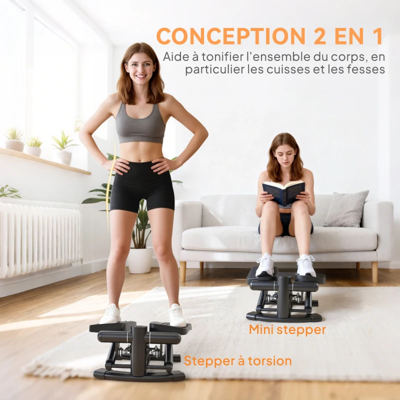 SPORTNOW Mini stepper fitness disque de torsion de la taille 2 en 1 écran LCD, hauteur réglable, 100 kg, 42 x 34 x 22 cm, noir