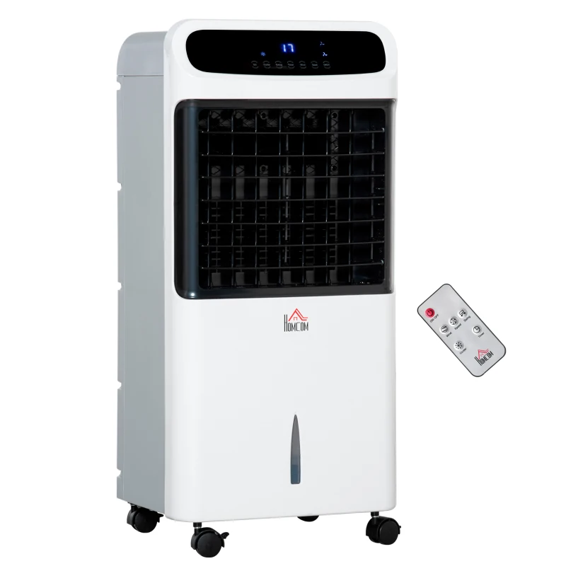 HOMCOM Climatizador Humidificador Refrigerador de Ar com Rodas Depósito de 12L Controlo Remoto 3 Modos de Velocidade Temporizador 12h e Ecrã LED Tátil 38x35x81cm Branco
