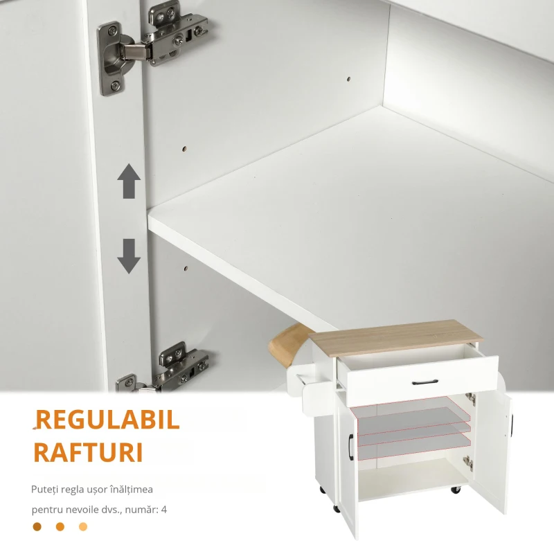 HOMCOM Masă bucătărie multi-spațiu 1 sertar 1 dulap 2 uși cu raft reglabil suport prosoape și raft sticle/conimente - MDF alb