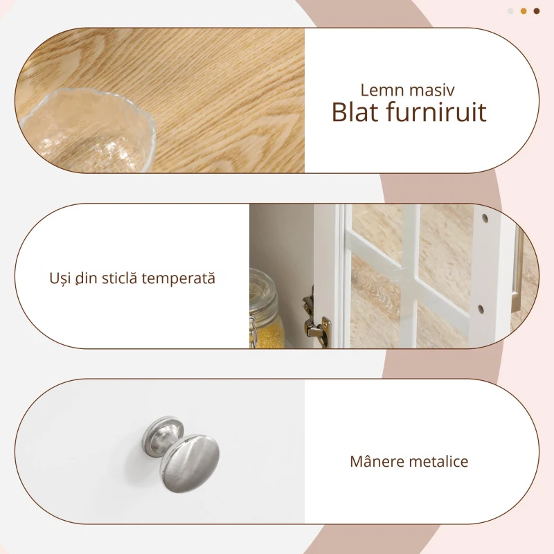 HOMCOM Cărucior de bucătărie cu roți Insulă de bucătărie cu 2 sertare 3 uși din sticlă securizată suport prosop 124,5x39,5x90 cm Alb