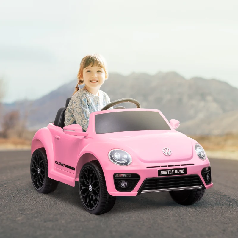 AIYAPLAY Carro Elétrico para Crianças Carro Elétrico Infantil Volkswagen Beetle com Bateria 12V Faróis Buzina e Música 97x56,5x46 cm Rosa