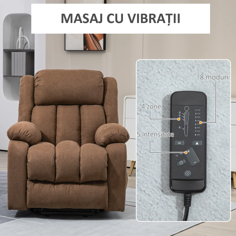 HOMCOM Scaun cu ridicare si inclinare pentru batrani, scaun cu ridicare tapitat din material rezistent pentru sufragerie cu telecomanda, buzunar lateral, gri