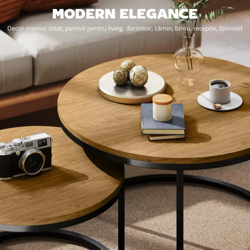 HOMCOM Set de 2 mese de cafea gigogne suprapozabil design industrial blat de ciment picioare din metal maro