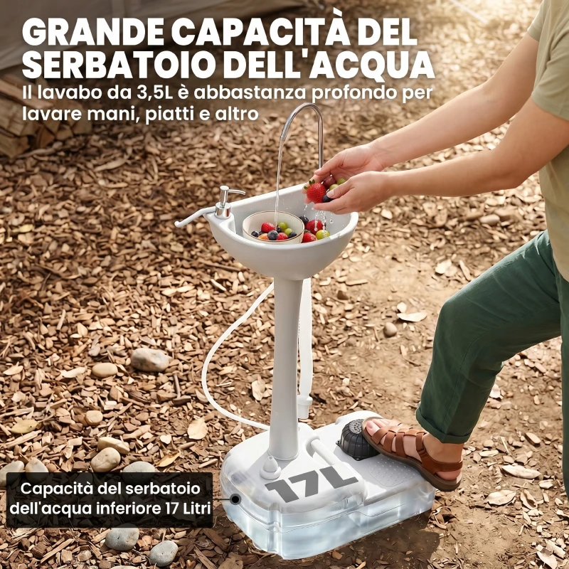 Outsunny Lavabo Portatile da Campeggio con 2 Ruote, Serbatoio Acqua 17L e Serbatoio Sapone 2.5L, 51x33.5x103cm