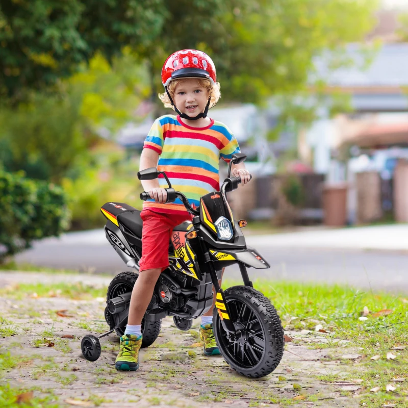 AIYAPLAY 12V Kinder-Motorrad mit Stützrädern, LED-Lichtern, Musik, USB, Elektro-Motorrad für Jungen und Mädchen, Gelb(m-10)