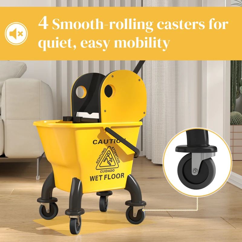 HOMCOM Balde de Esfregona com Rodas Espremedor Desmontável de Pressão para Baixo Capacidade 26 L Inclui Esfregona e Asa 45x31x90 cm  Amarelo