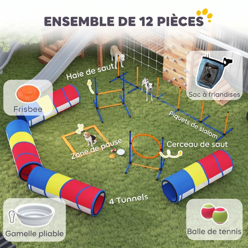 PawHut Équipement d'Agilité pour Chien 12 Pièces, 4 Tunnels, Sauts Ajustables, Anneau, Slaloms, 357x65x68cm, Multicolore